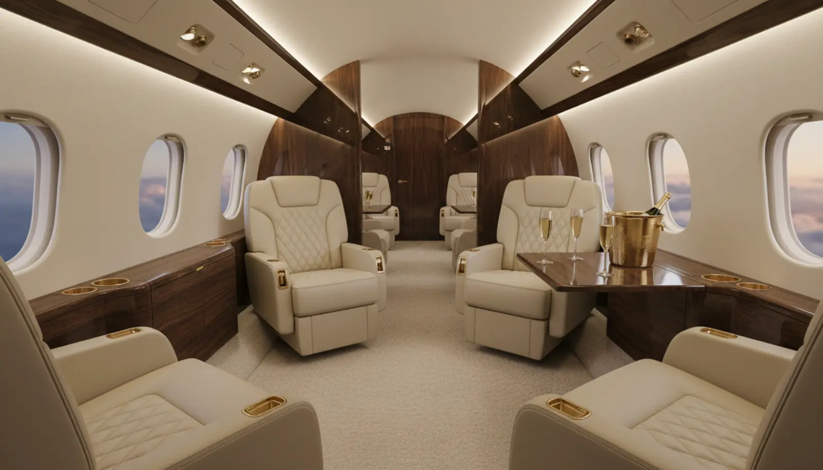 Privéjet interieur detailing — leder, hout en cabine